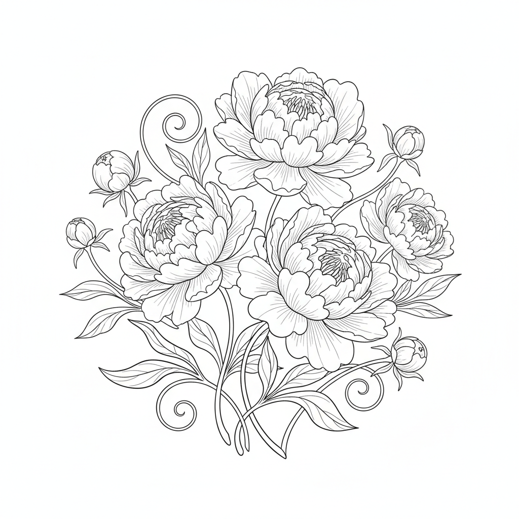 Black and white line art of a peony bouquet with buds and leaves.