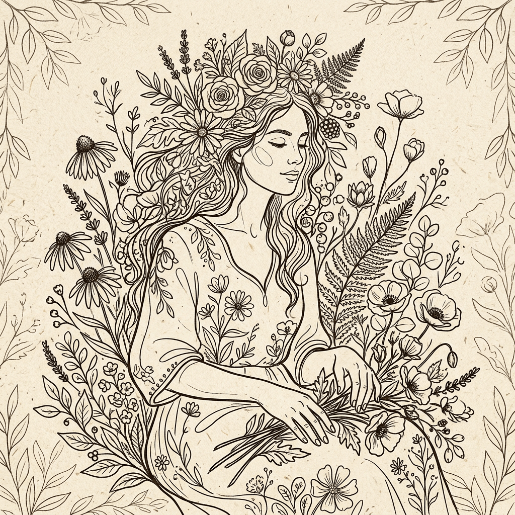 Illustration of a serene woman holding flowers, adorned with a floral crown and surrounded by detailed botanical elements.
