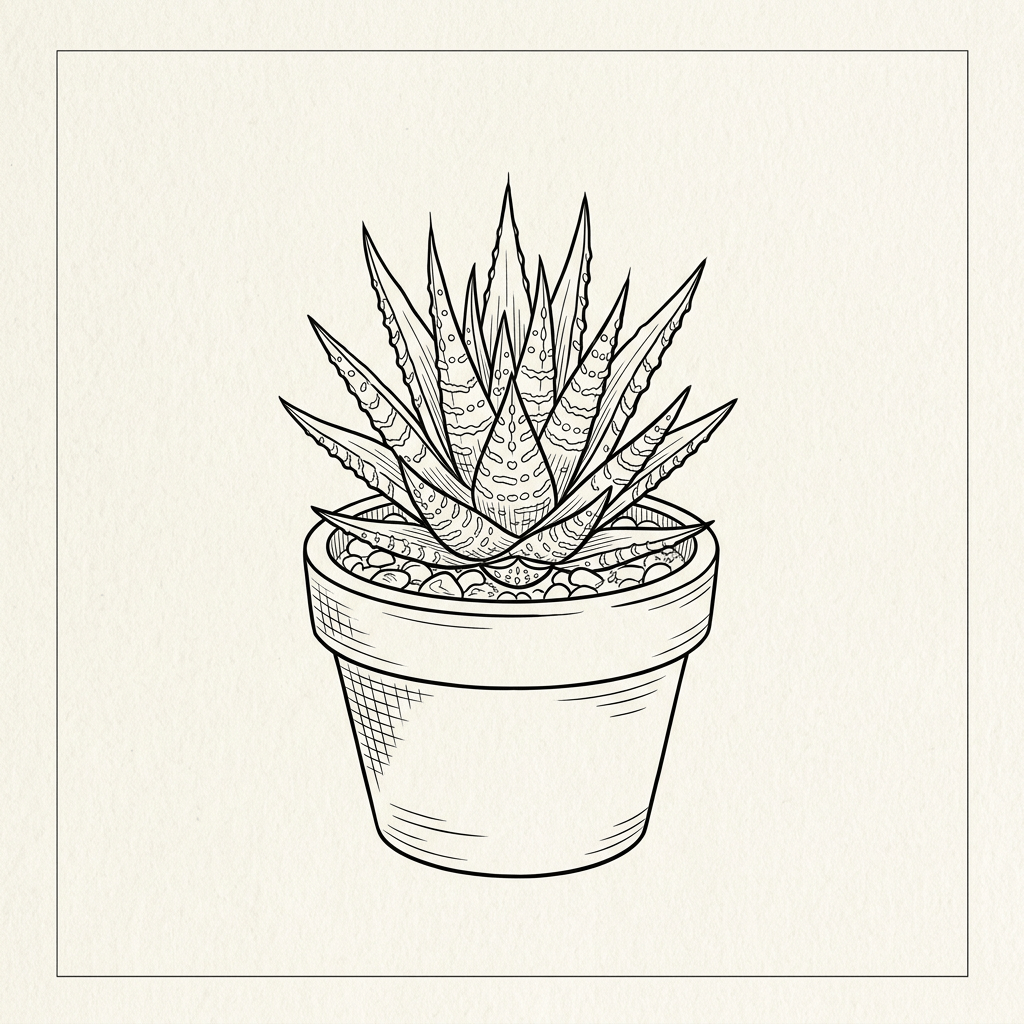 Line drawing of a succulent plant with pointed leaves in a round pot filled with small pebbles