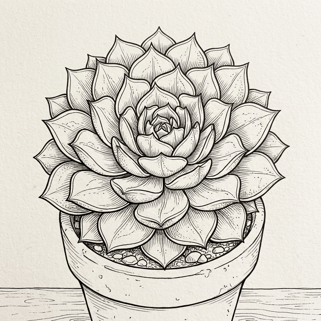 Black and white line drawing of a succulent plant with detailed, overlapping leaves arranged in a circular pattern.