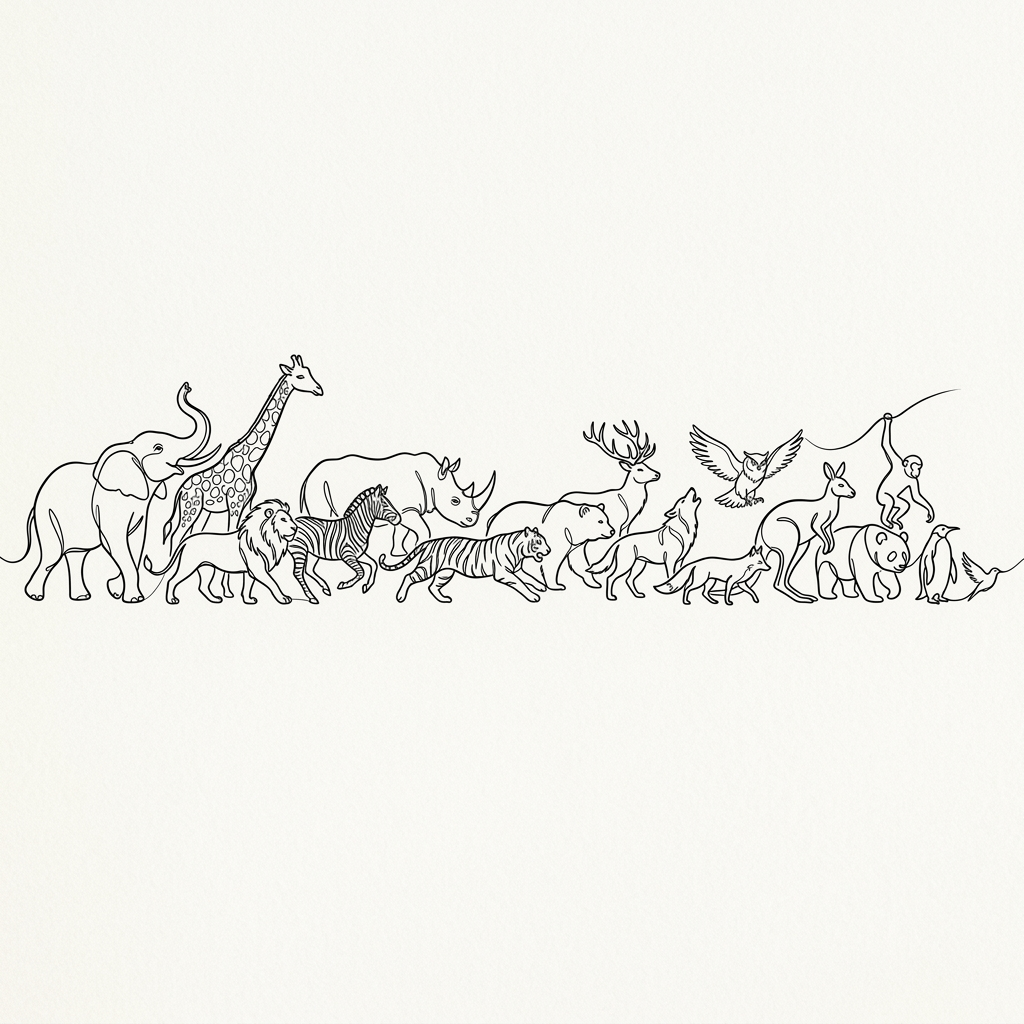 Continuous line art of an elephant, giraffe, lion, zebra, rhinoceros, tiger, deer, owl, wolf, kangaroo, panda, monkey, penguins, and a bird