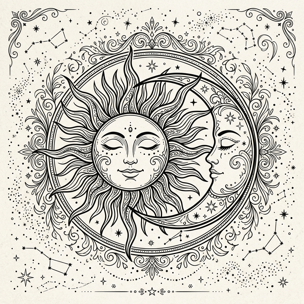 Black and white line art of sun with face and crescent moon with face surrounded by stars and ornate patterns